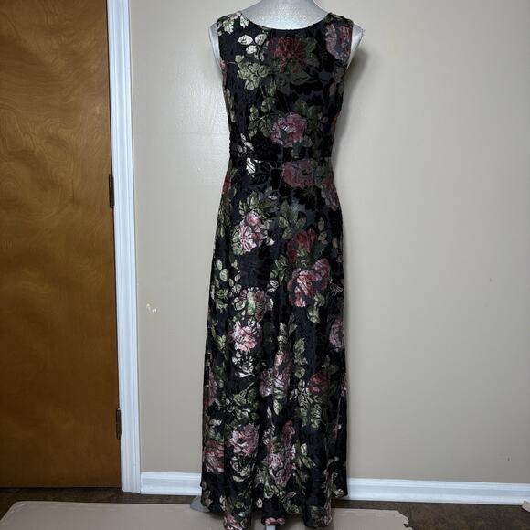 Nostalgia Black Velvet Burnout Floral Maxi Dress Sz S Whimsigoth Y2K Dark Fairy - Picture 2 of 14
